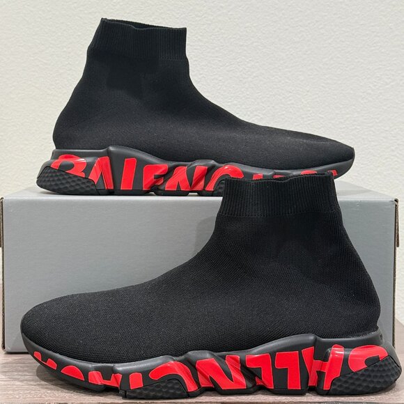 BALENCIAGA SPEED 645334W2DBY BLACK/BLACK/RED SNEAKERS - Picture 1 of 11